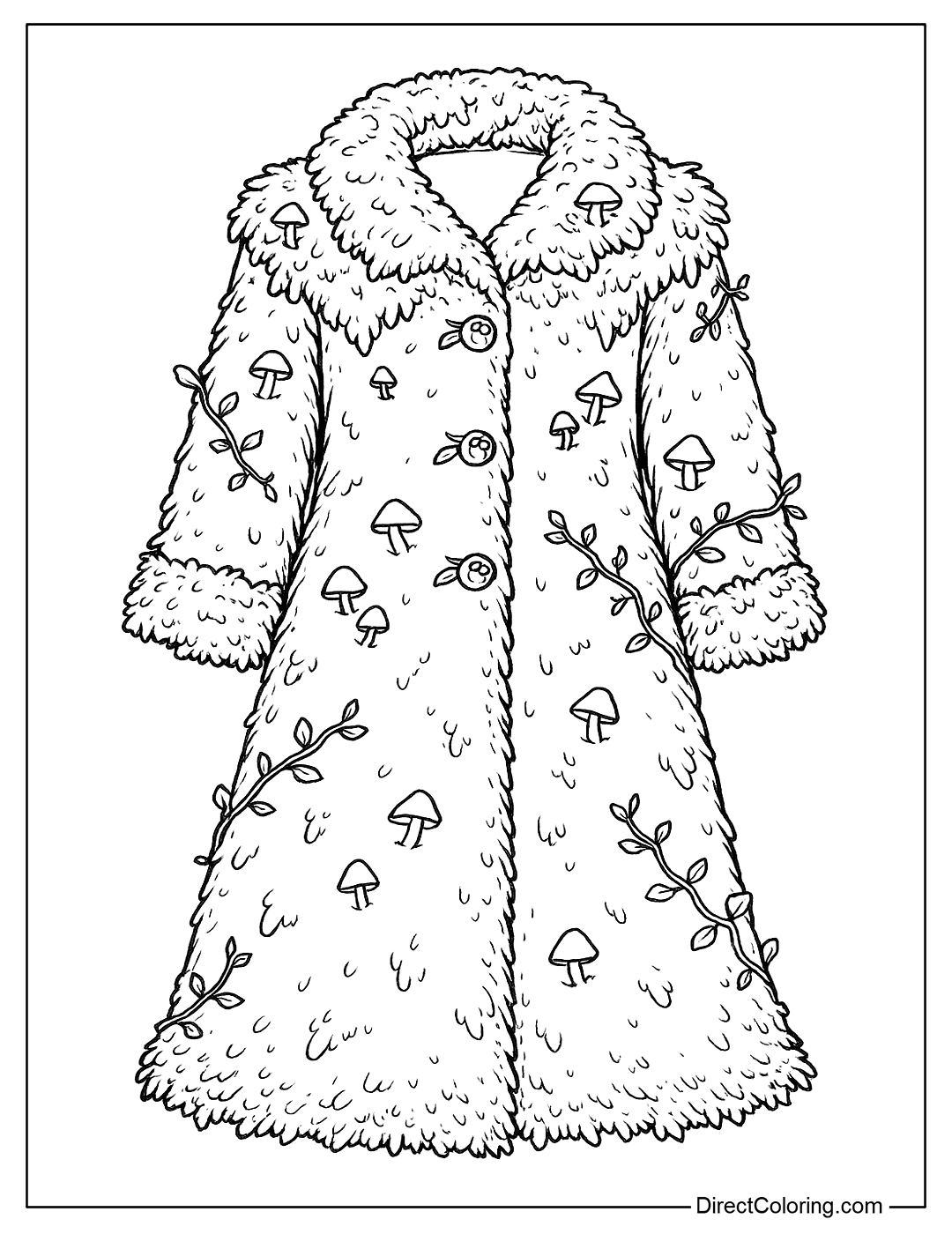 a coloring page of a long coat made of green moss and small mushrooms, the hem has vines, the buttons are wild berries